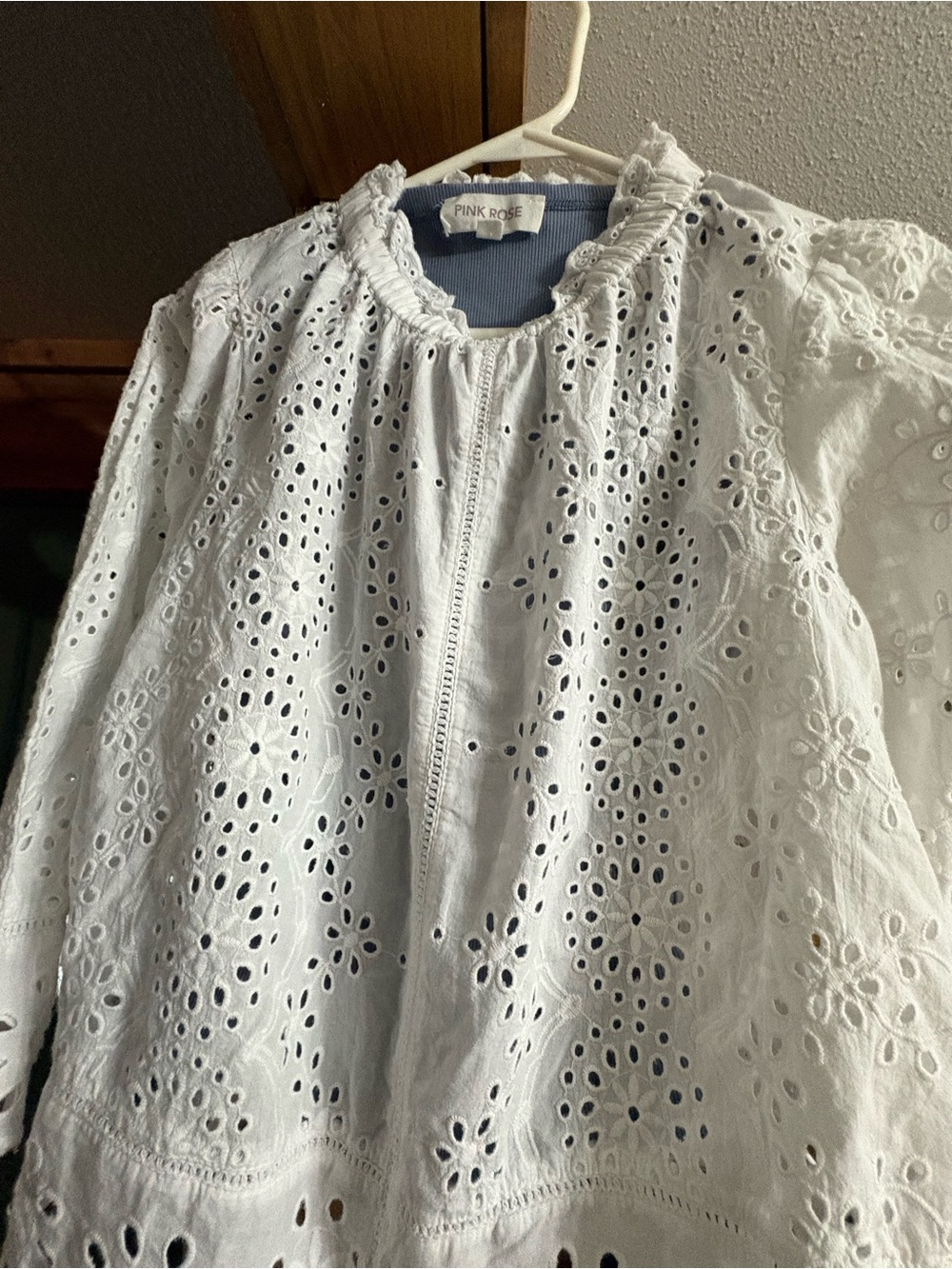 Pink Rose White Eyelet Top with Ruffle Neck and Tank Underlayer